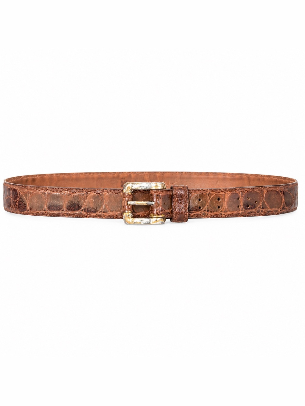 La Doppia Vita Brown Croc Embossed Leather Double Prong Belt